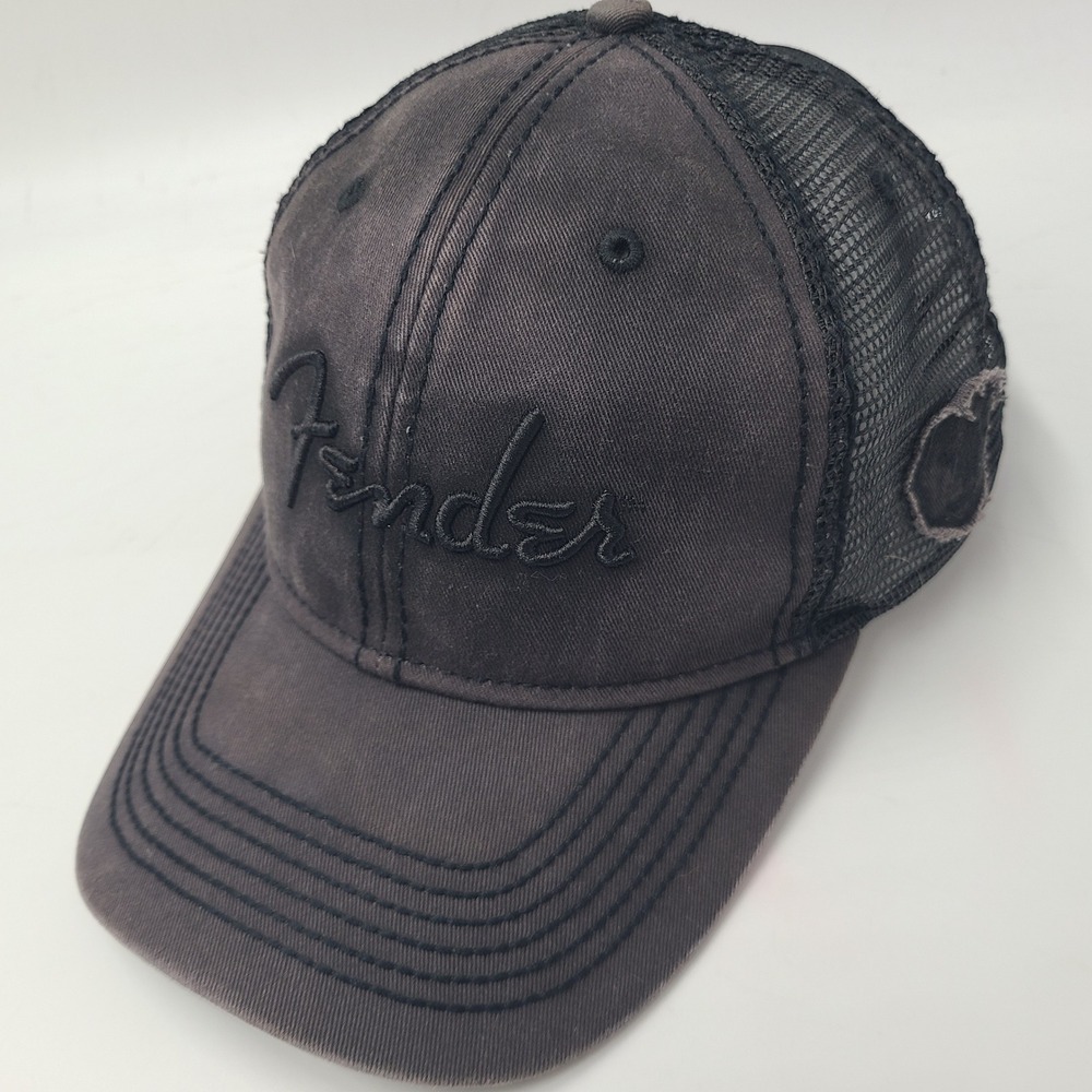 Fender Hat Adjustable Trucker Mesh Black Distressed Script Logo Guitar Dad Men